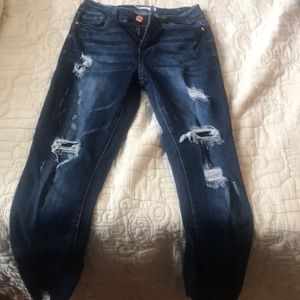 High waisted dark wash distressed skinny jeans